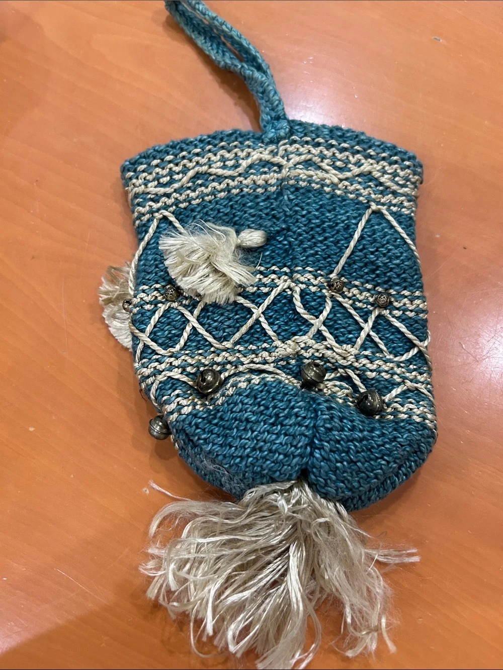Teal and Cream Handwoven Tassel Wristlet Bag